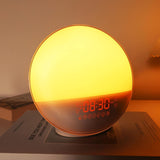 sunrise alarm clock with wake up light glowing in soft yellow color, displaying time and creating a calming ambiance.