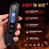Instant read meat thermometer for grilling with fast and accurate readings, large LCD display, and magnet mount.
