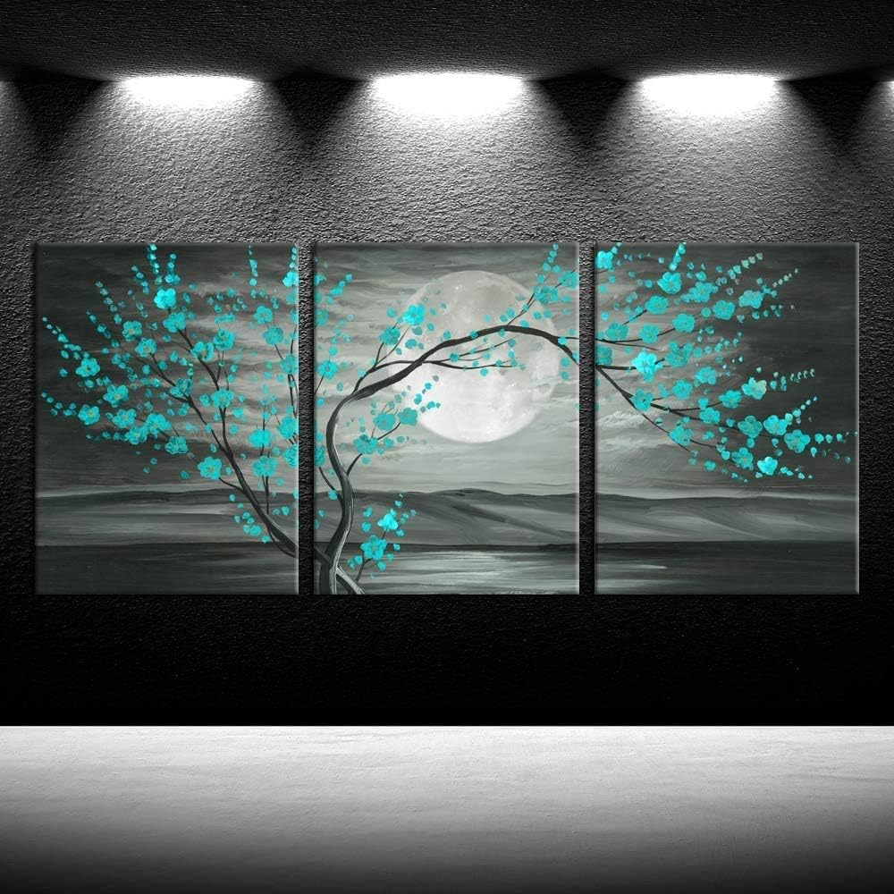 Teal plum blossom wall art 12x16" framed canvas set with a moonlit background and turquoise blossoms.