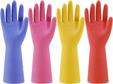 Colorful reusable dishwashing gloves in purple, pink, yellow, and red, showcasing non-slip waterproof design.