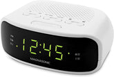 digital clock radio with dual alarms displaying the time 12:45, featuring a sleek white design and control buttons.