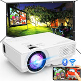 portable projector with wifi and bluetooth displayed outdoors with a screen and people watching