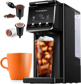 2-in-1 single serve coffee maker brewing iced coffee with accessories and orange cup