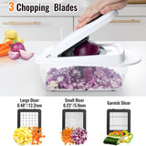8-in-1 vegetable chopper showcasing 3 chopping blades for efficient slicing, dicing, and grating vegetables.
