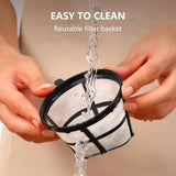 A person holding a reusable filter basket under running water for a programmable coffee maker with reusable filter.