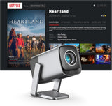 Smart projector with Netflix and 4K support showcasing Heartland streaming on screen.
