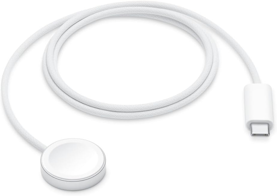 Apple Watch USB-C charger with a round charging pad and a USB-C connector, designed for effortless Apple Watch charging.