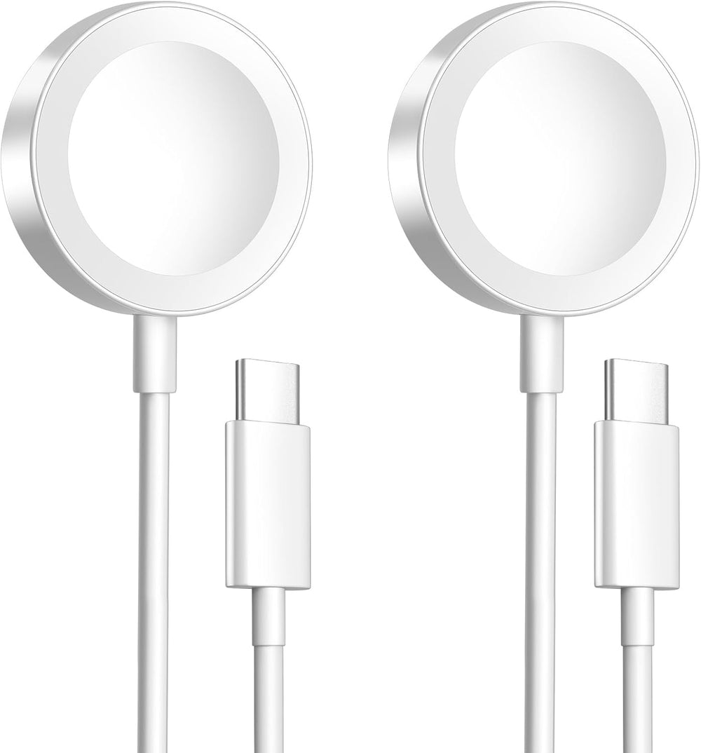 USB-C magnetic fast charger for Apple Watch, featuring two magnetic charging pads and a USB-C connector for faster charging.