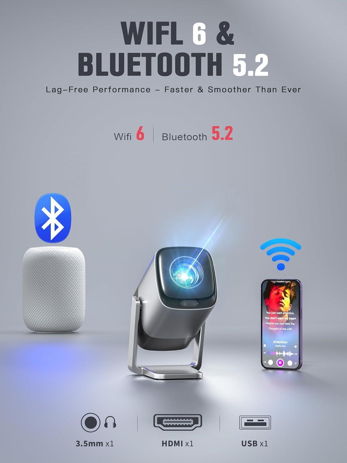 smart projector with Netflix and 4K support featuring WiFi 6 and Bluetooth 5.2 for enhanced connectivity.