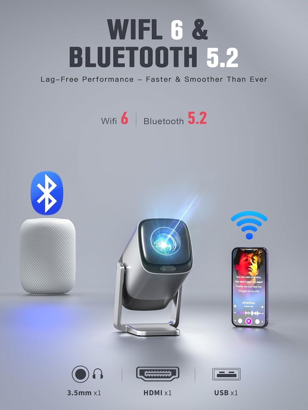 smart projector with Netflix and 4K support featuring WiFi 6 and Bluetooth 5.2 for enhanced connectivity.