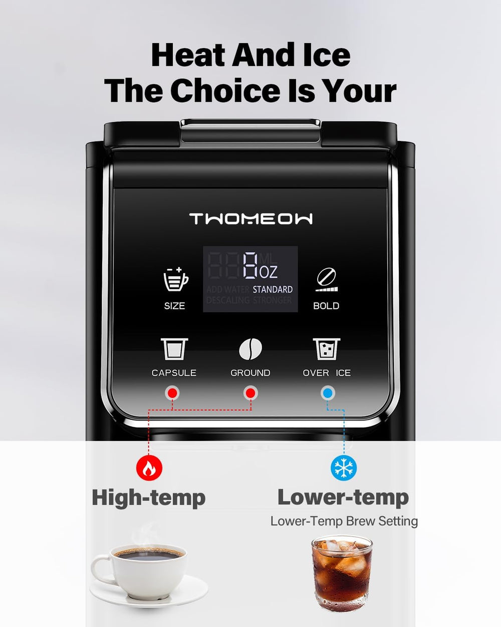 2-in-1 single serve coffee maker showing heat and ice brew choices with temperature settings.