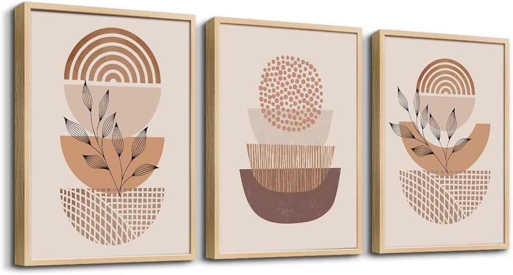 modern abstract canvas wall art featuring earthy tones and geometric designs in a trio of framed pieces.
