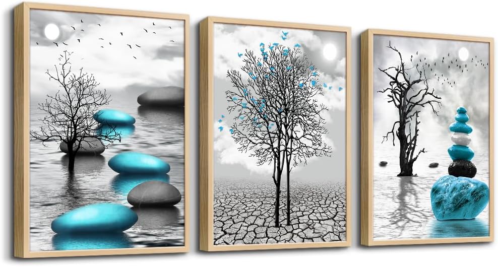 modern abstract canvas wall art featuring trees and stones in shades of blue and black.