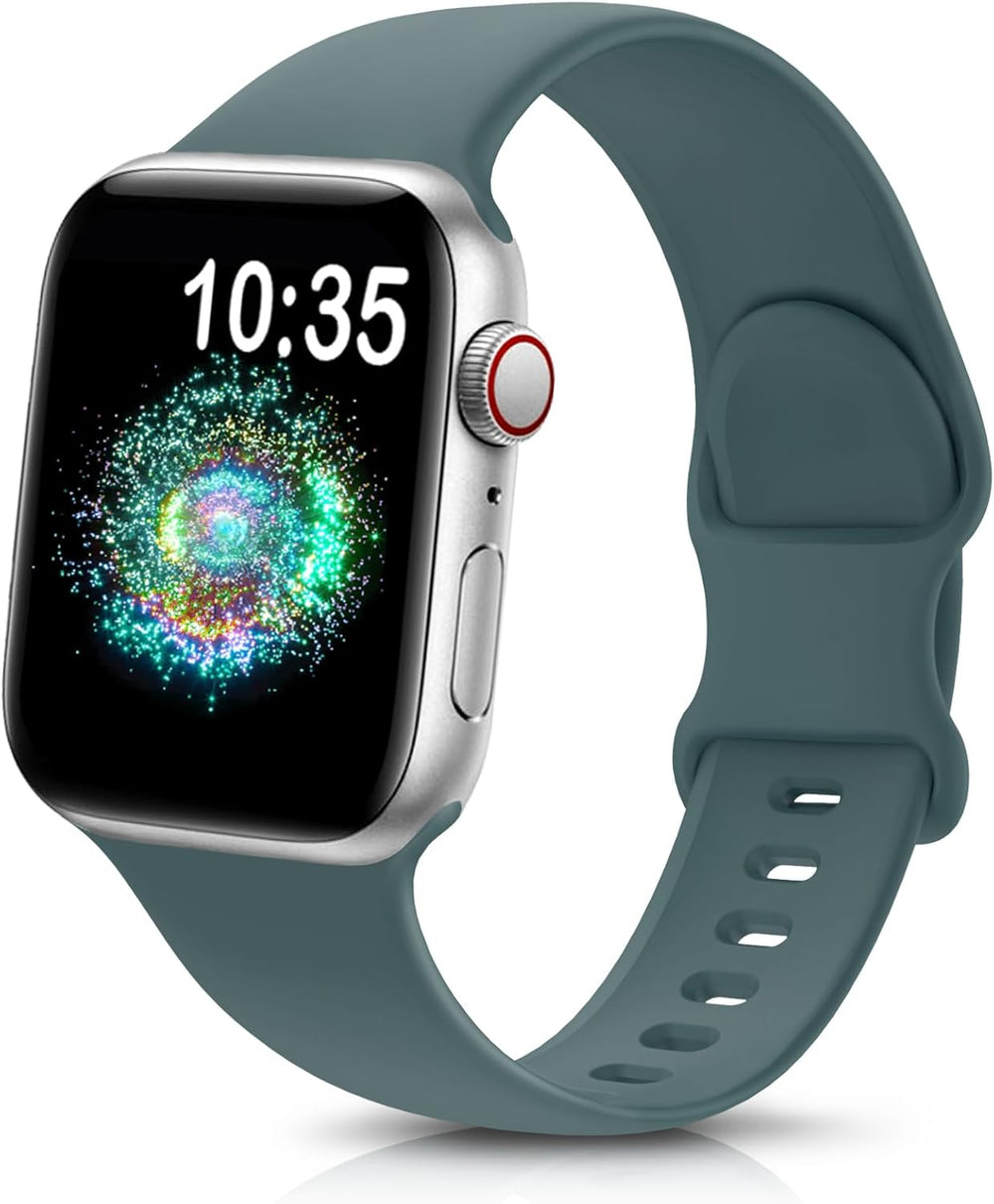 durable sport band for Apple Watch in soft silicone, showcasing a gray design and vibrant watch face.