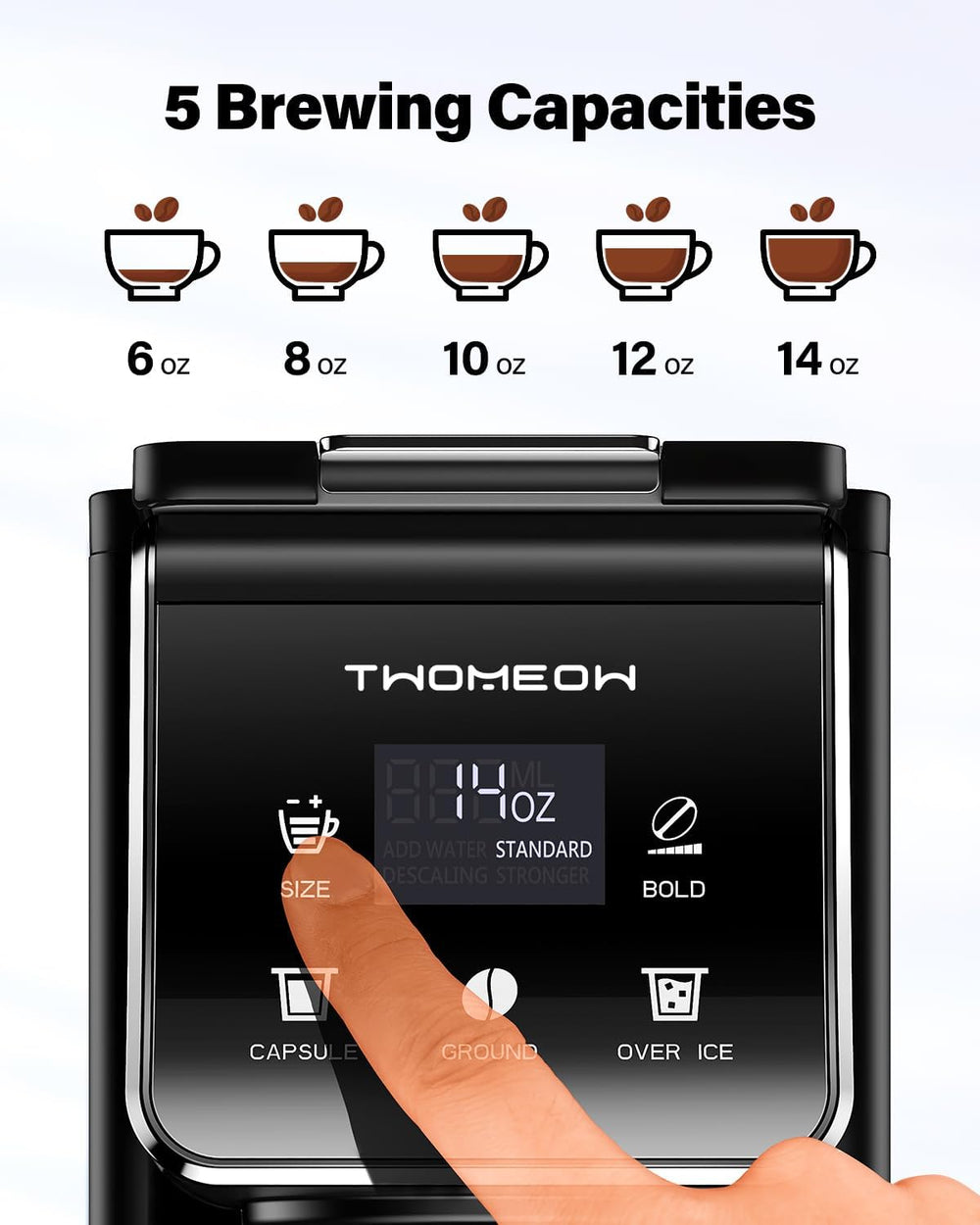Control panel of 2-in-1 single serve coffee maker showing 5 brewing capacities and features for hot, iced, and bold brew.