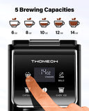 Control panel of 2-in-1 single serve coffee maker showing 5 brewing capacities and features for hot, iced, and bold brew.