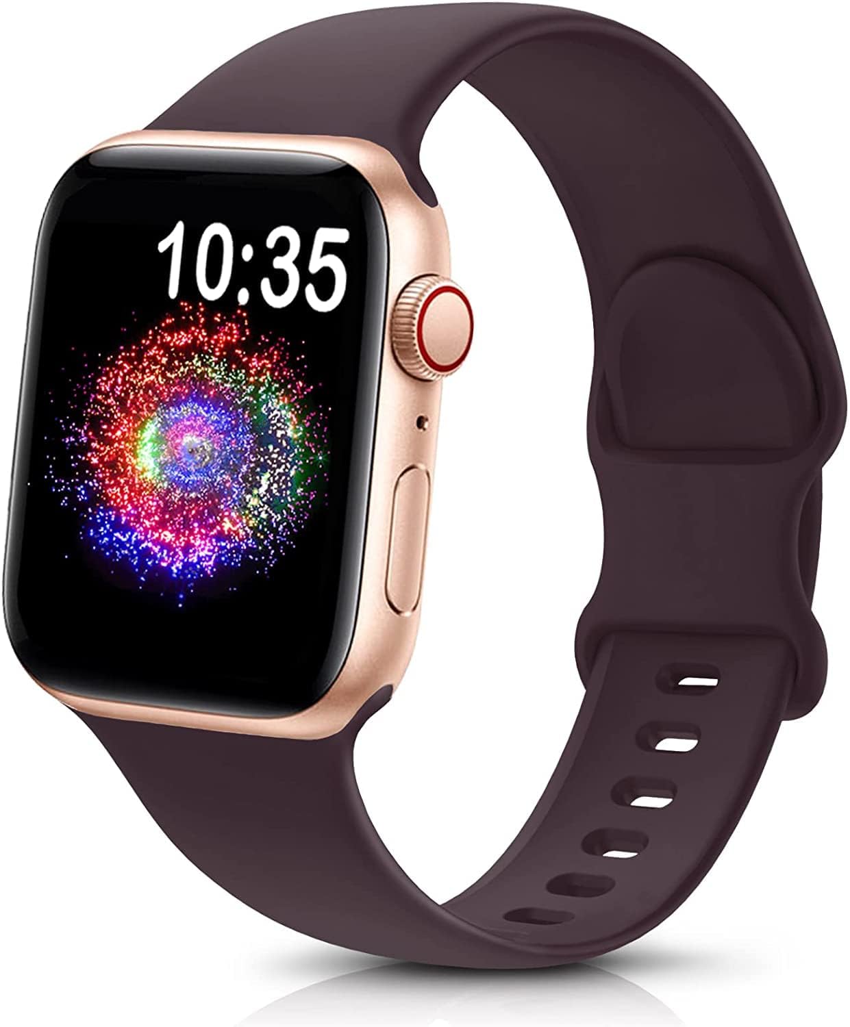 durable sport band for Apple Watch in soft silicone with colorful watch face display.