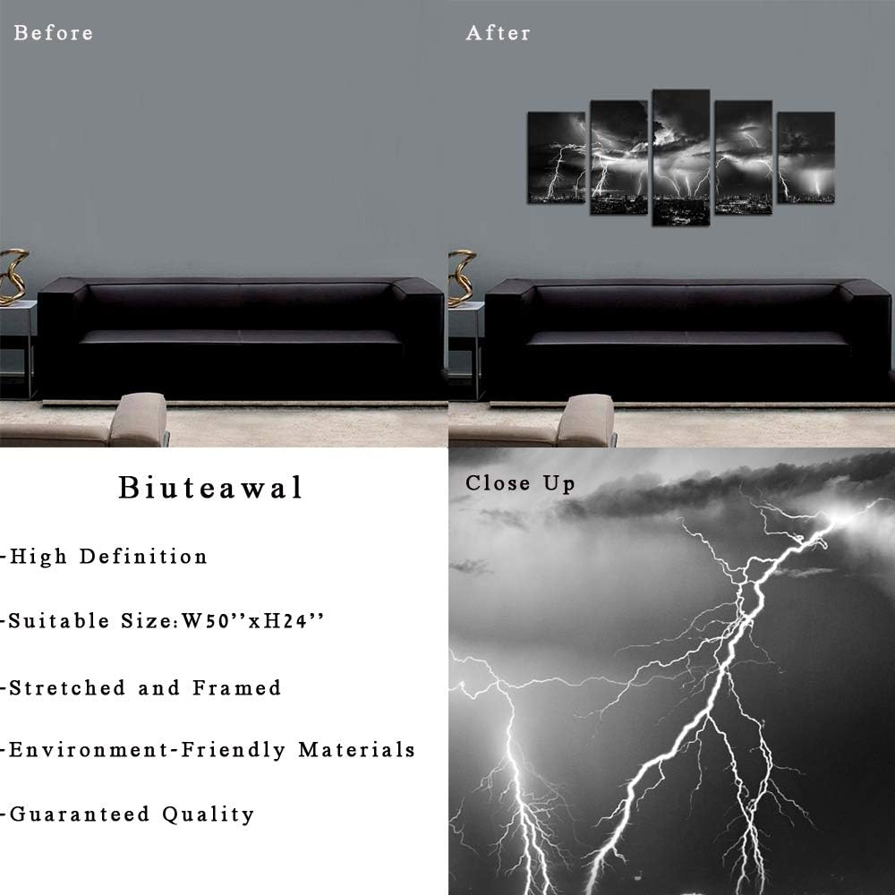 Black and white lightning wall art featuring a stormy city night view in high definition.