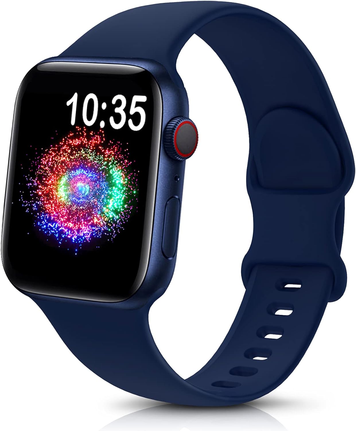 durable sport band for Apple Watch in deep blue silicone with colorful watch face