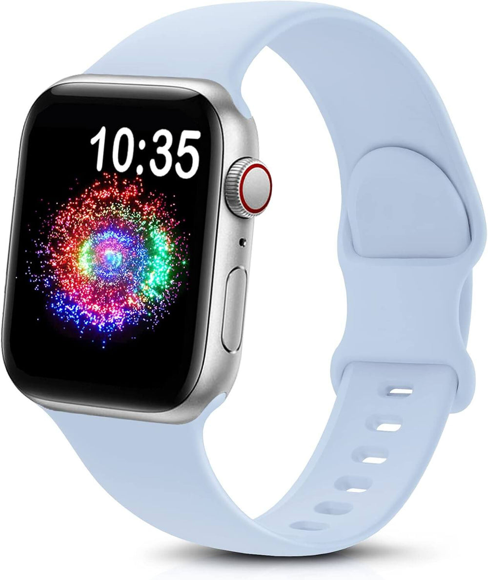 durable sport band for Apple Watch in soft silicone, displayed on a smartwatch with colorful screen.