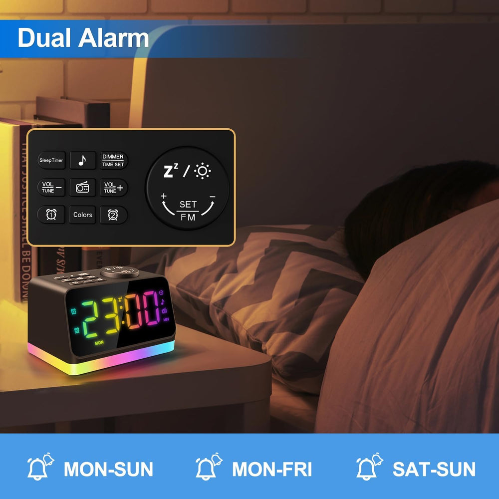 digital alarm clock for seniors and kids with dual alarm, USB, and FM radio features.