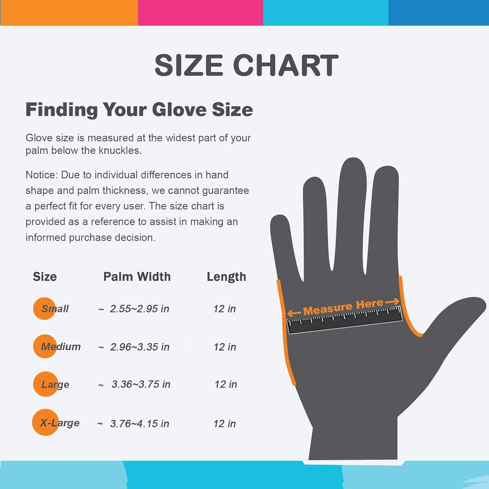 Size chart for reusable dishwashing gloves showing measurements and size options for a perfect fit.