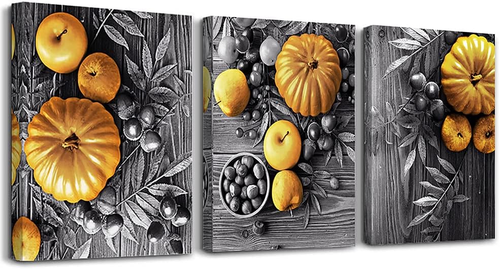 modern abstract canvas wall art featuring yellow pumpkins and apples in a monochrome setting.
