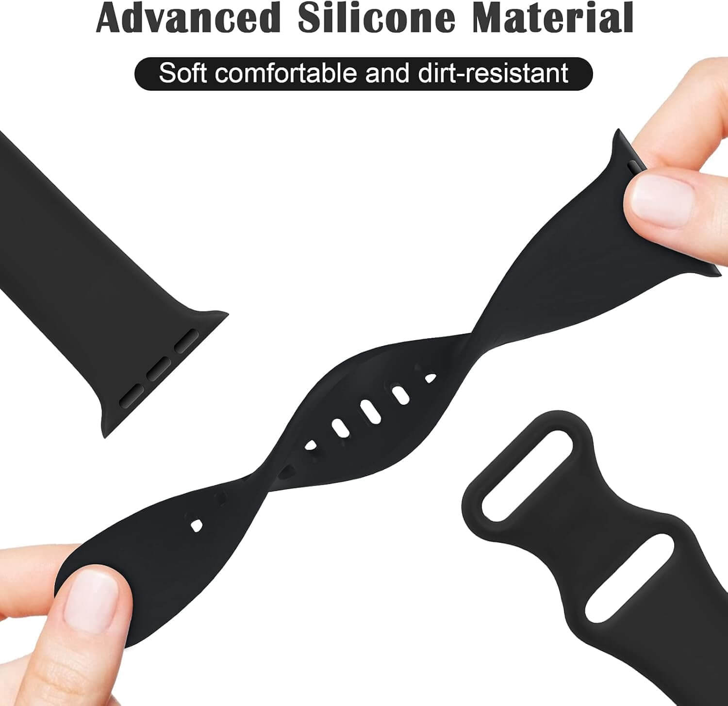 durable sport band for Apple Watch made from advanced silicone material, soft, comfortable, and dirt-resistant.