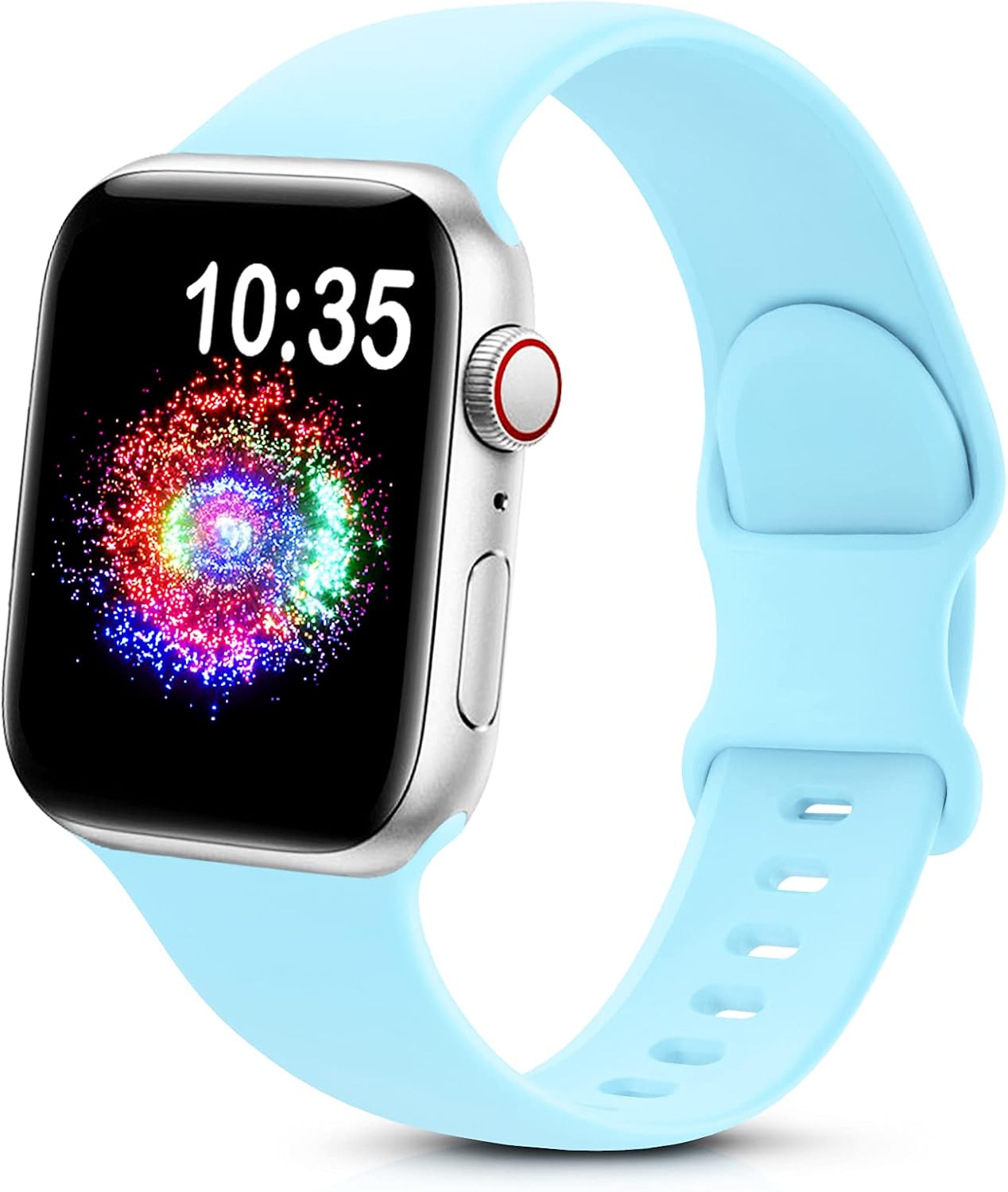 Durable sport band for Apple Watch in soft silicone shown on a smartwatch with a colorful display.