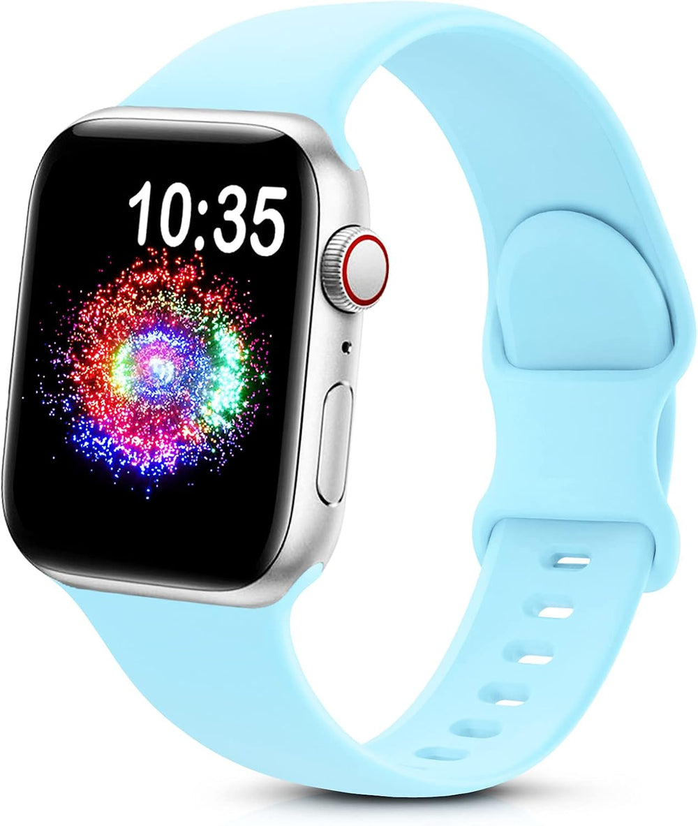 Durable sport band for Apple Watch in soft silicone shown on a smartwatch with a colorful display.