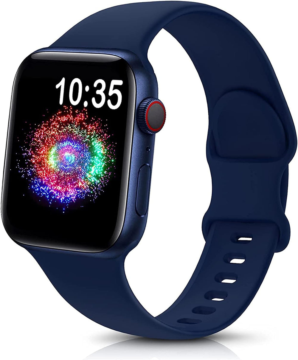 durable sport band for Apple Watch in navy blue soft silicone design on display.