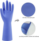 Reusable dishwashing gloves with anti-slip embossed palm for comfortable and effective cleaning.