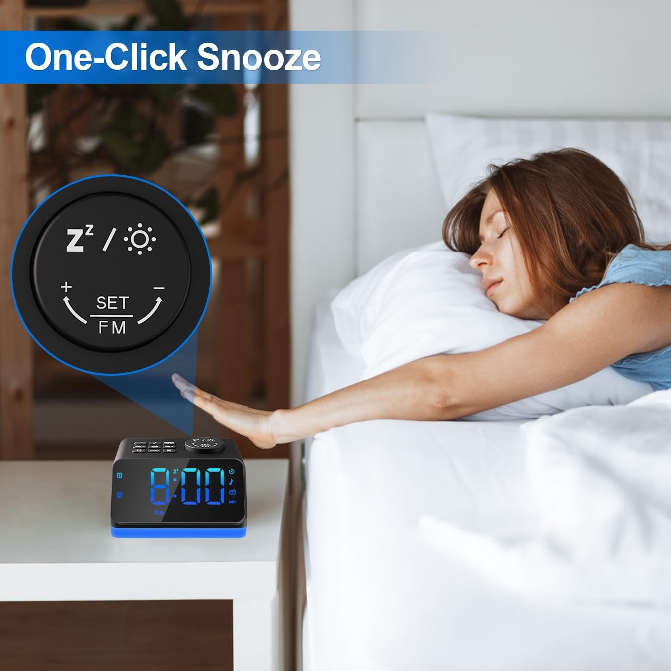 One-Click Snooze feature on a digital alarm clock for seniors and kids in bedroom setting.