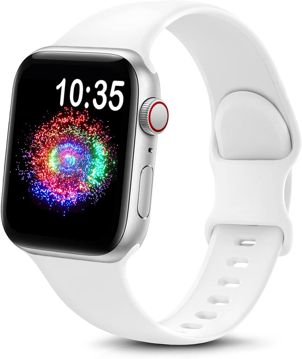 durable sport band for Apple Watch in white silicone with colorful display featuring time and animations.