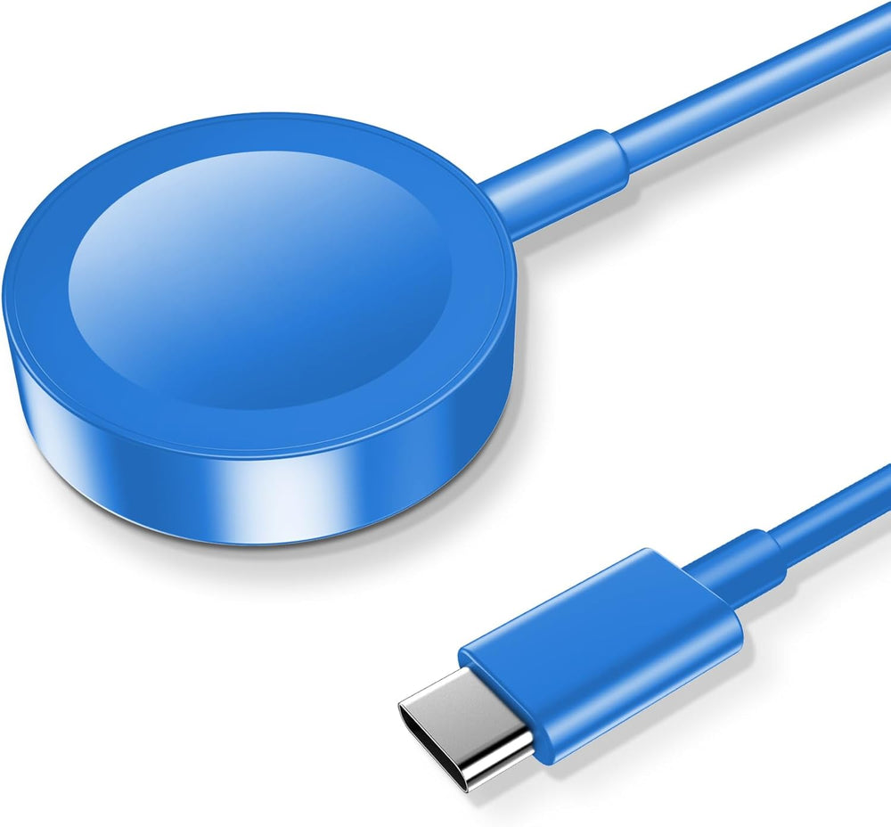 USB-C magnetic fast charger for Apple Watch with blue design and magnetic connector.