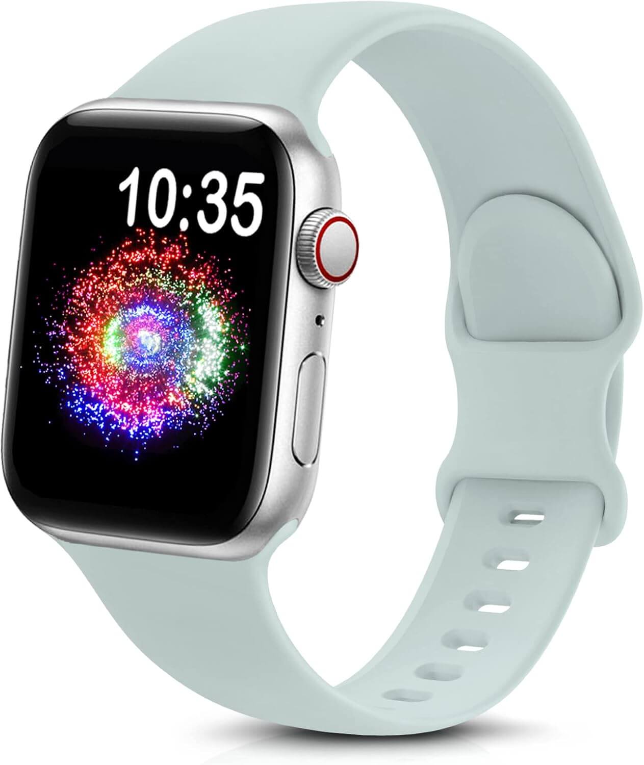 durable sport band for Apple Watch in soft silicone with a light blue color on smartwatch