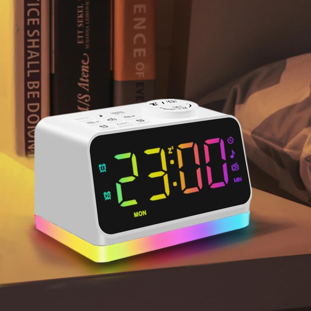 Digital alarm clock for seniors and kids displaying colorful time on a bedside table with user-friendly buttons.