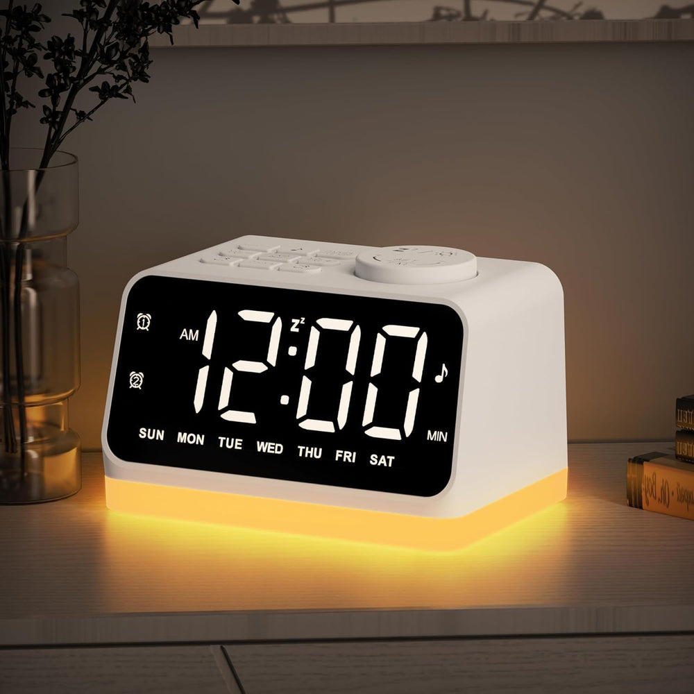 Digital alarm clock for seniors and kids with dual alarm, USB charging, and FM radio features.
