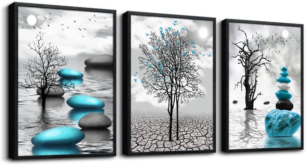 modern abstract canvas wall art featuring blue stones and trees in a serene, artistic landscape.