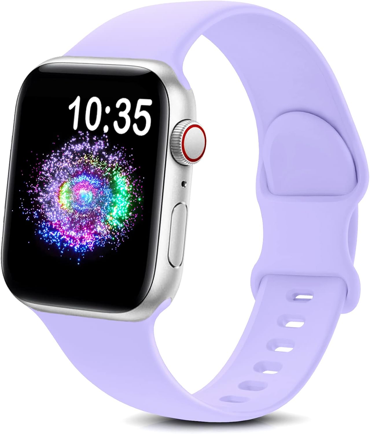 Durable sport band for Apple Watch in soft silicone, featuring a stylish purple design.
