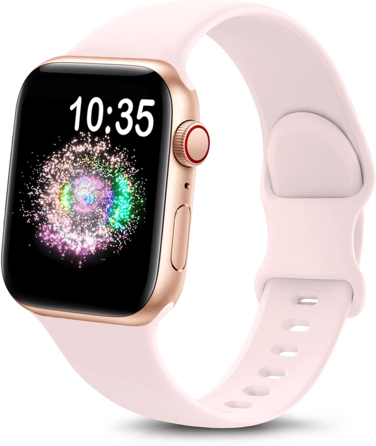 durable sport band for Apple Watch displayed on a pink silicone strap with a colorful watch face.