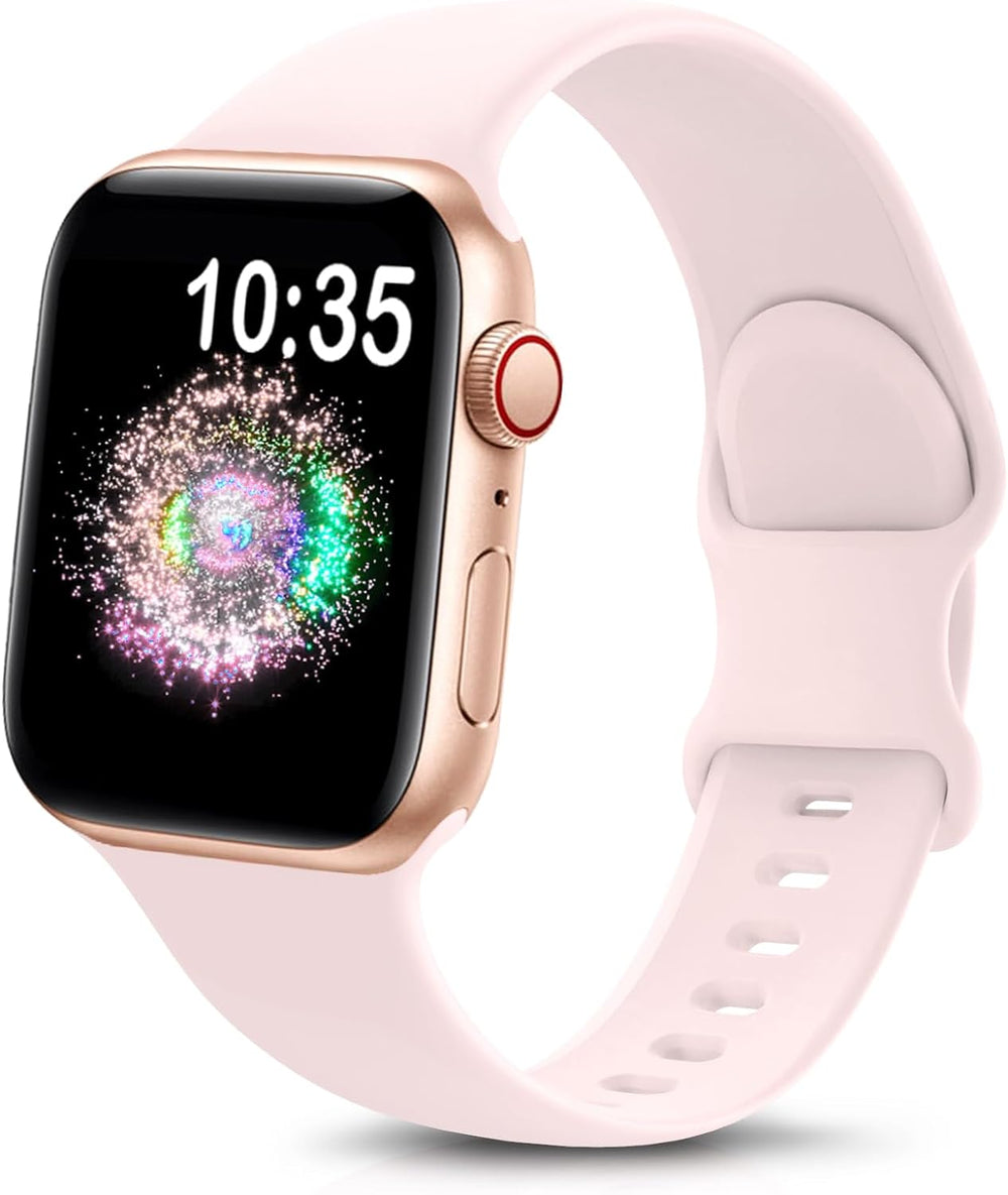 durable sport band for Apple Watch displayed on a pink silicone strap with a colorful watch face.