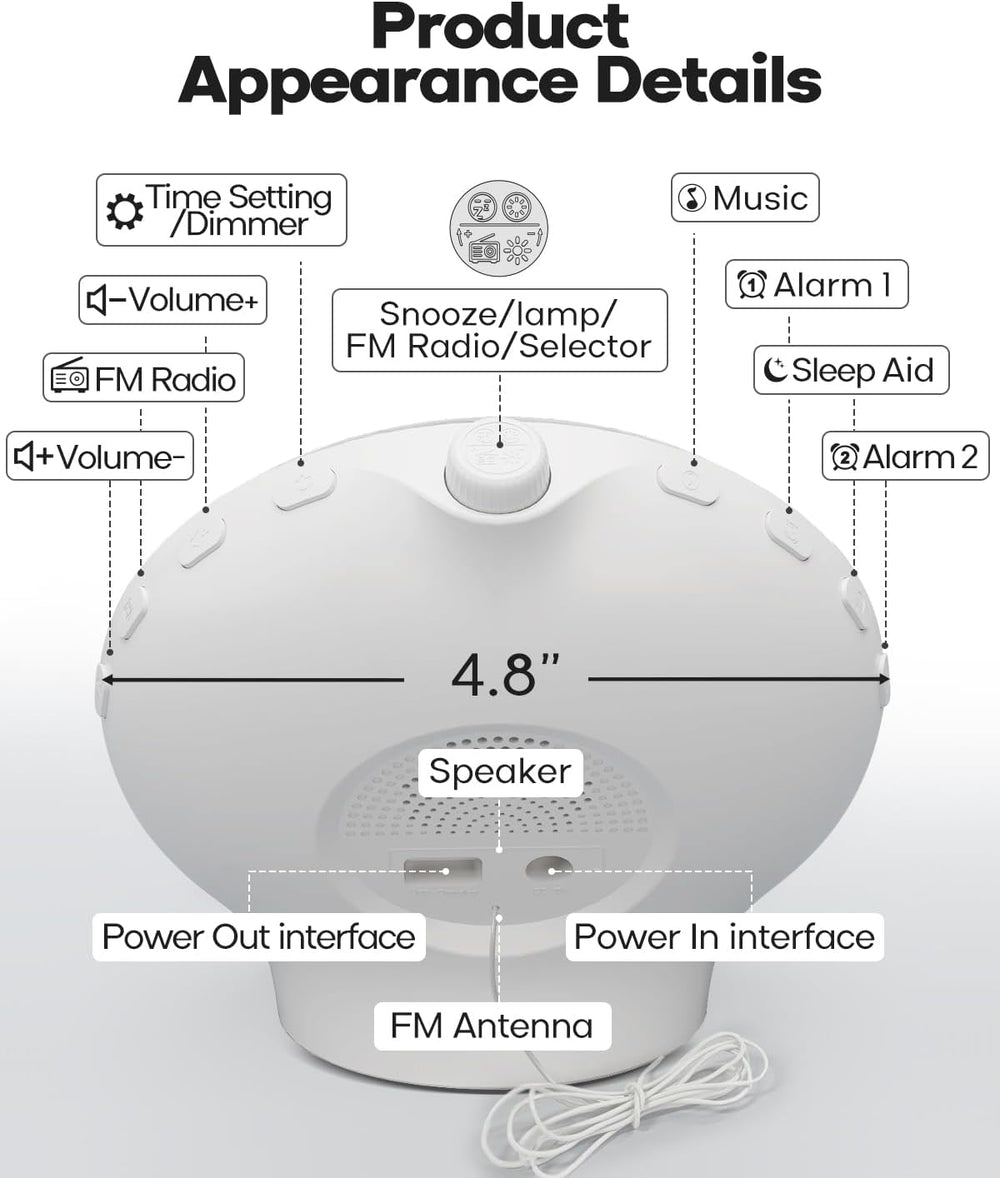 Product appearance details of sunrise alarm clock with wake up light featuring controls and interfaces.
