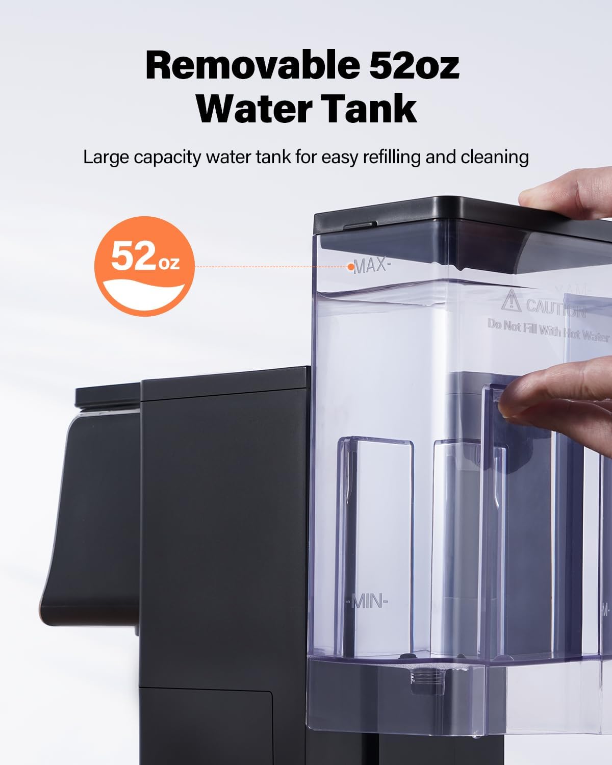 Removable 52oz water tank for the 2-in-1 single serve coffee maker, designed for easy refilling and cleaning.