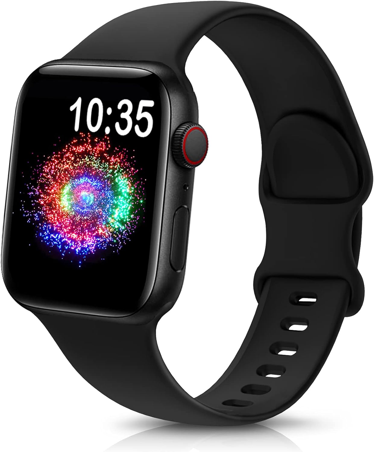 durable sport band for Apple Watch in black attached to a smartwatch displaying colorful graphics.