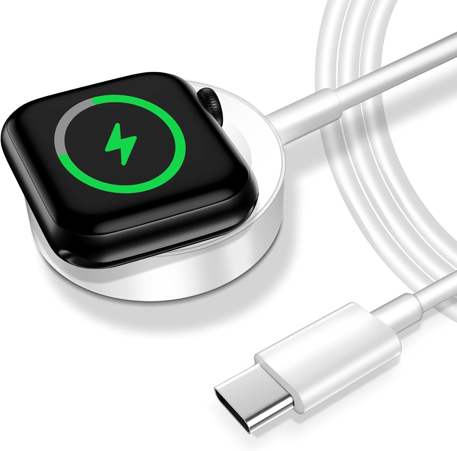 USB-C magnetic fast charger for Apple Watch charging an Apple Watch with a sleek design and magnetic attachment.