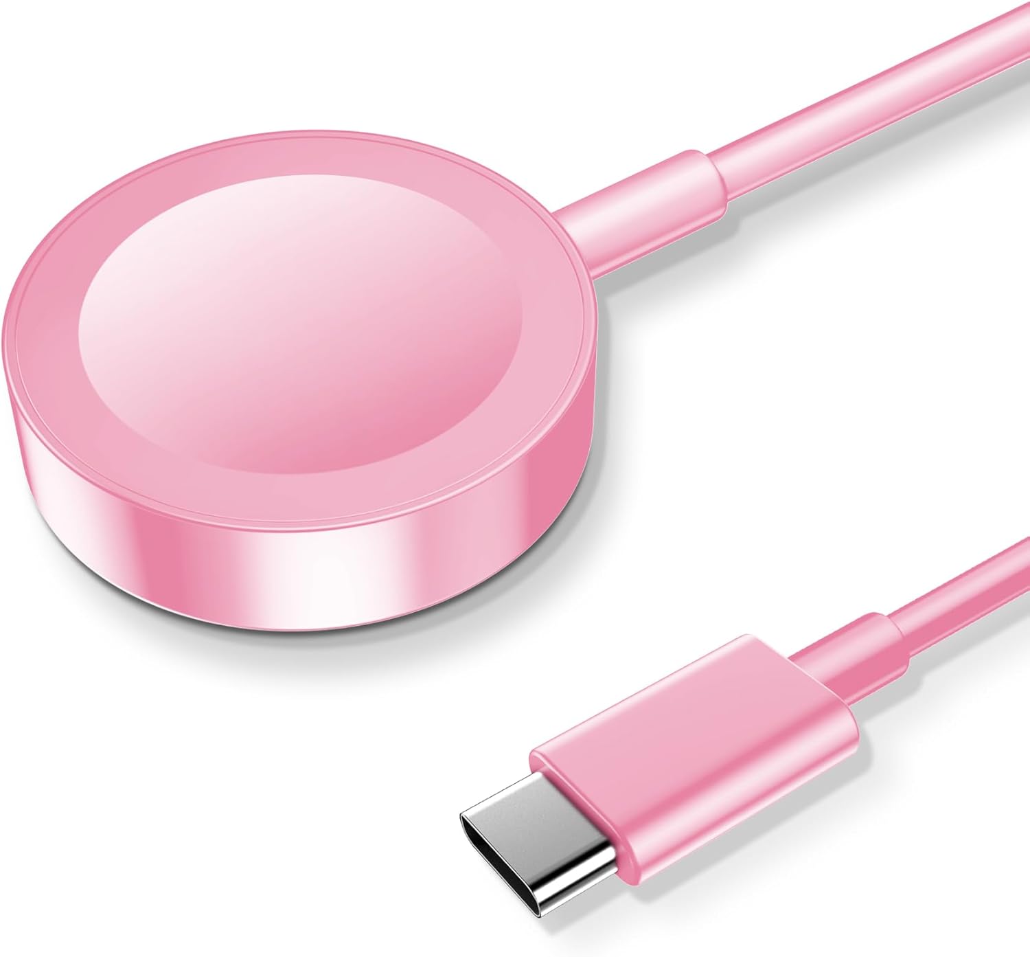 USB-C magnetic fast charger for Apple Watch in pink color with round magnetic base and USB-C connector.