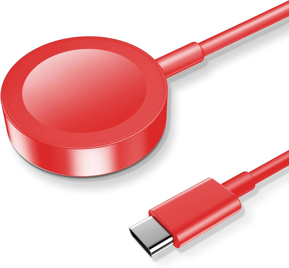 USB-C magnetic fast charger for Apple Watch with red design and 3.3ft cable for quick charging.