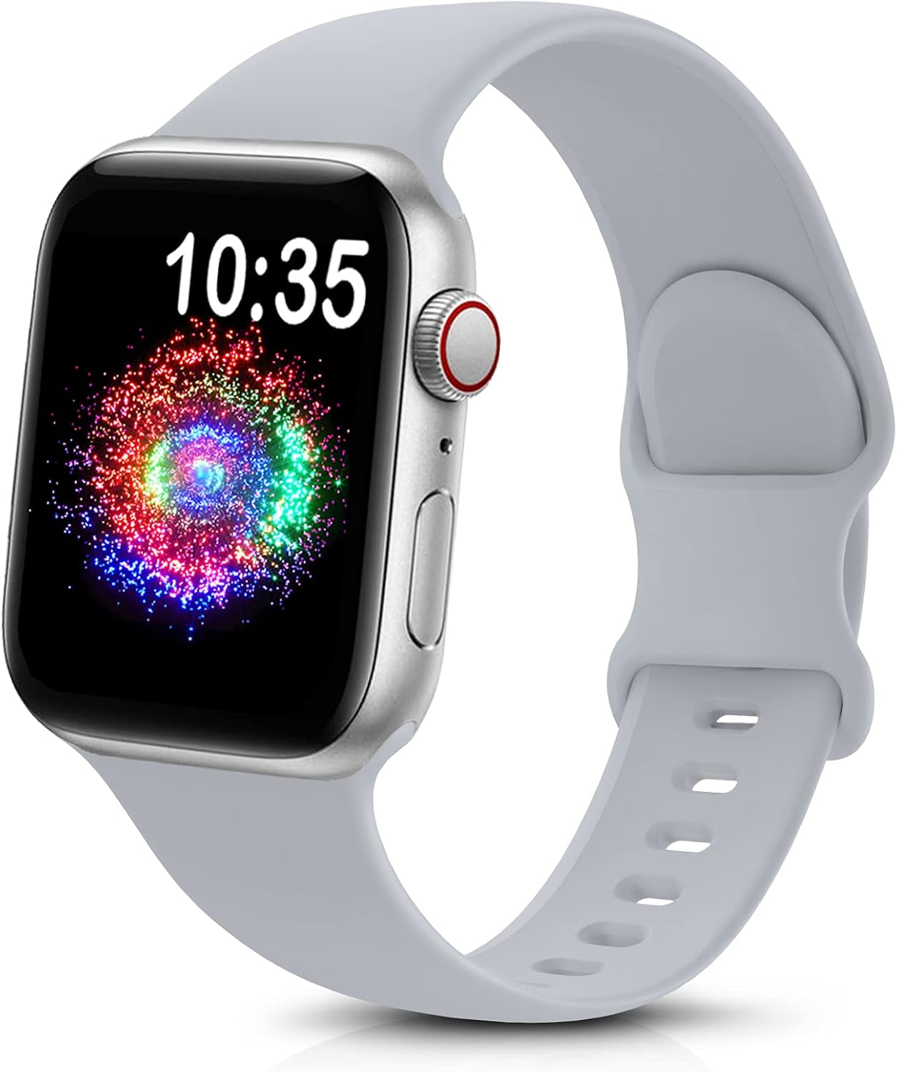 durable sport band for Apple Watch in soft silicone, showcasing a multicolored digital display.