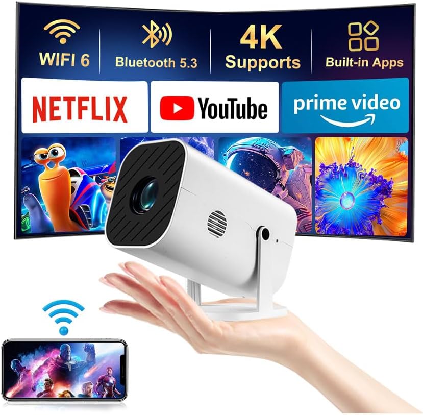 smart 1080P projector with built-in apps on display featuring Netflix, YouTube, and Prime Video.